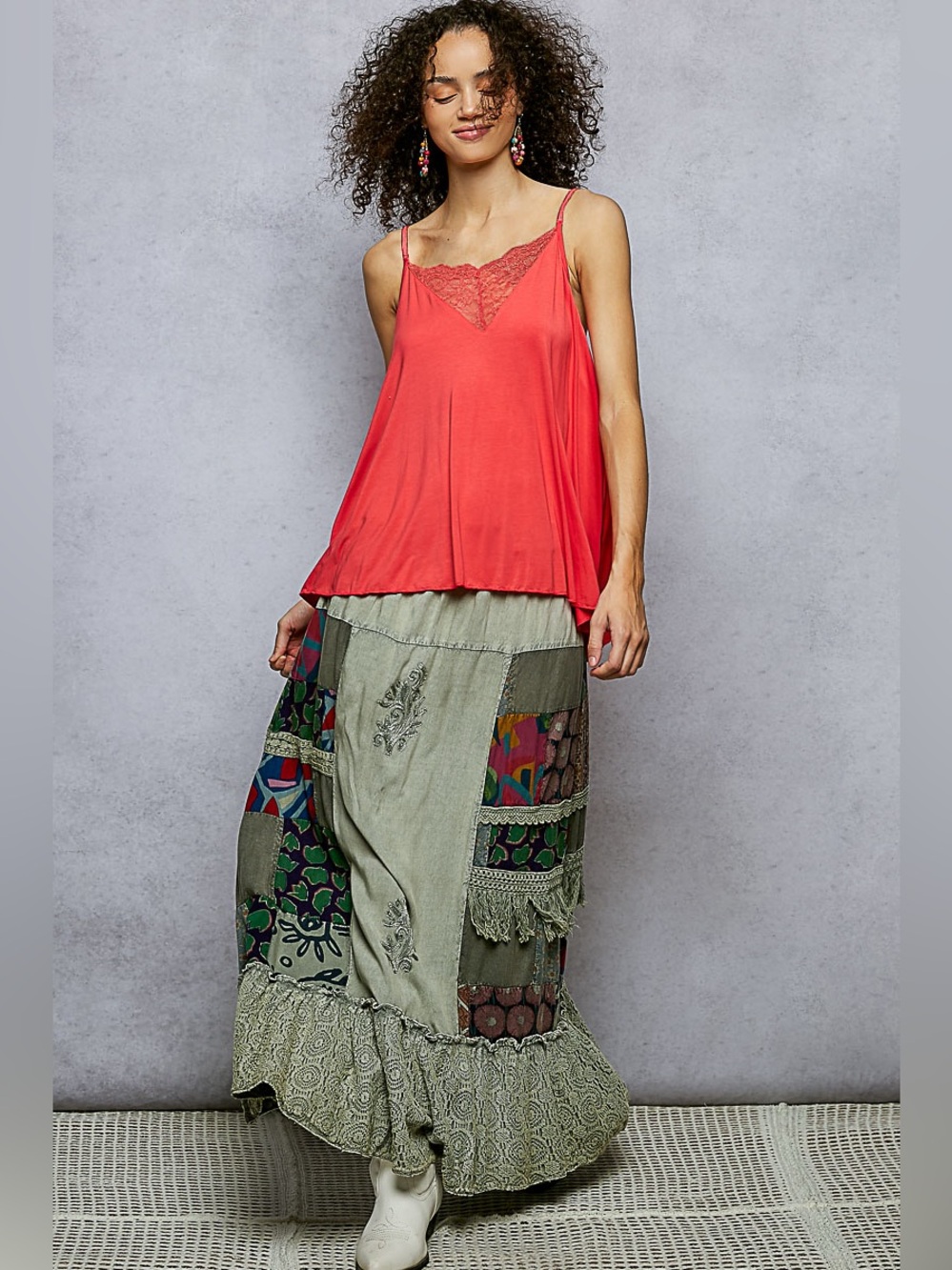 ✨ POL Printed Patchwork Embroidered Ruffled Skirt ✨🛍️